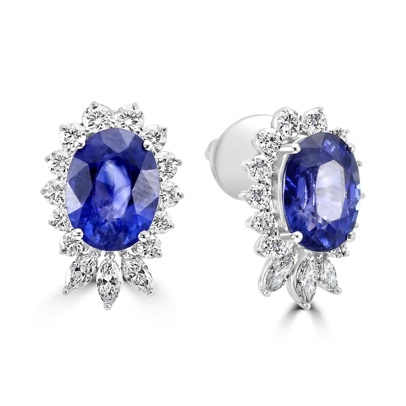 Pendiente de oro de 18 quilates con zafiro azul de Ceilán y diamantes naturales ovalados, redondos y marquesinas