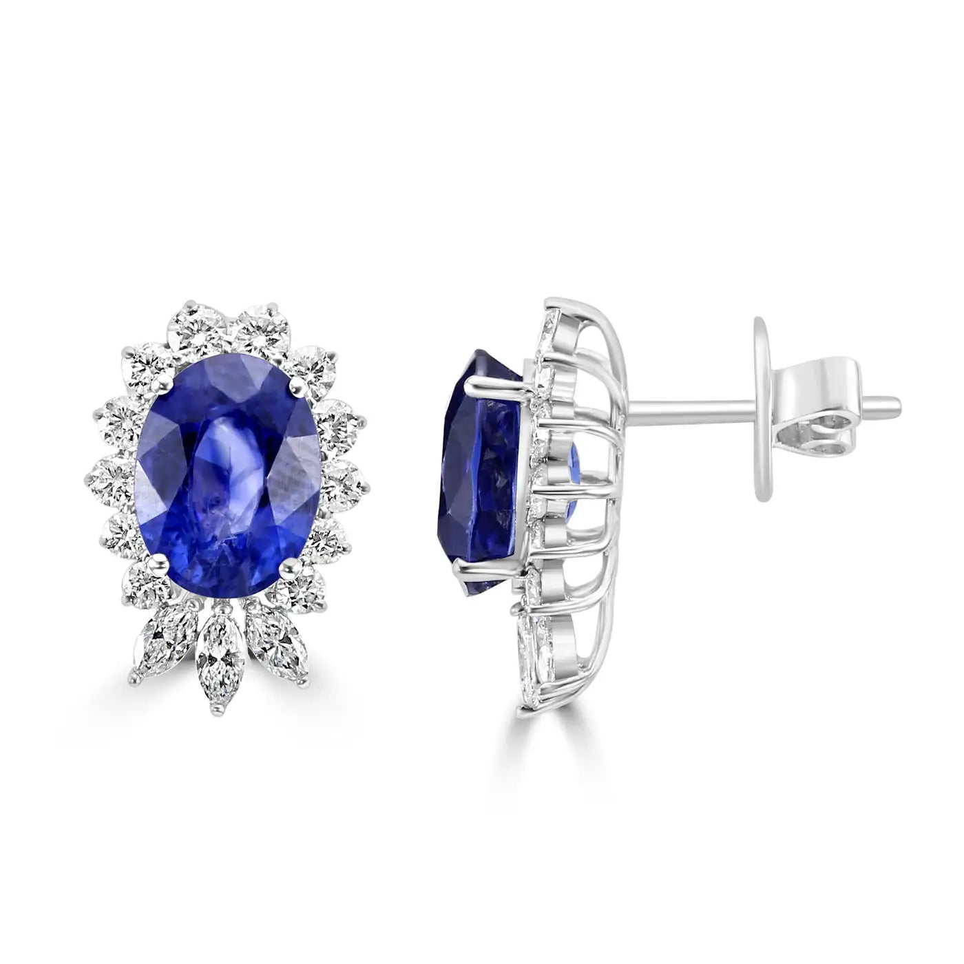 Pendiente de oro de 18 quilates con zafiro azul de Ceilán y diamantes naturales ovalados, redondos y marquesinas