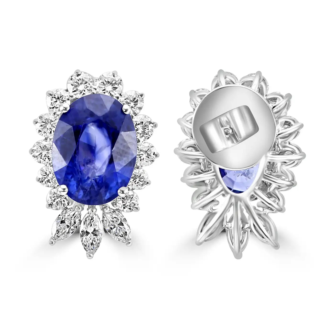 Pendiente de oro de 18 quilates con zafiro azul de Ceilán y diamantes naturales ovalados, redondos y marquesinas