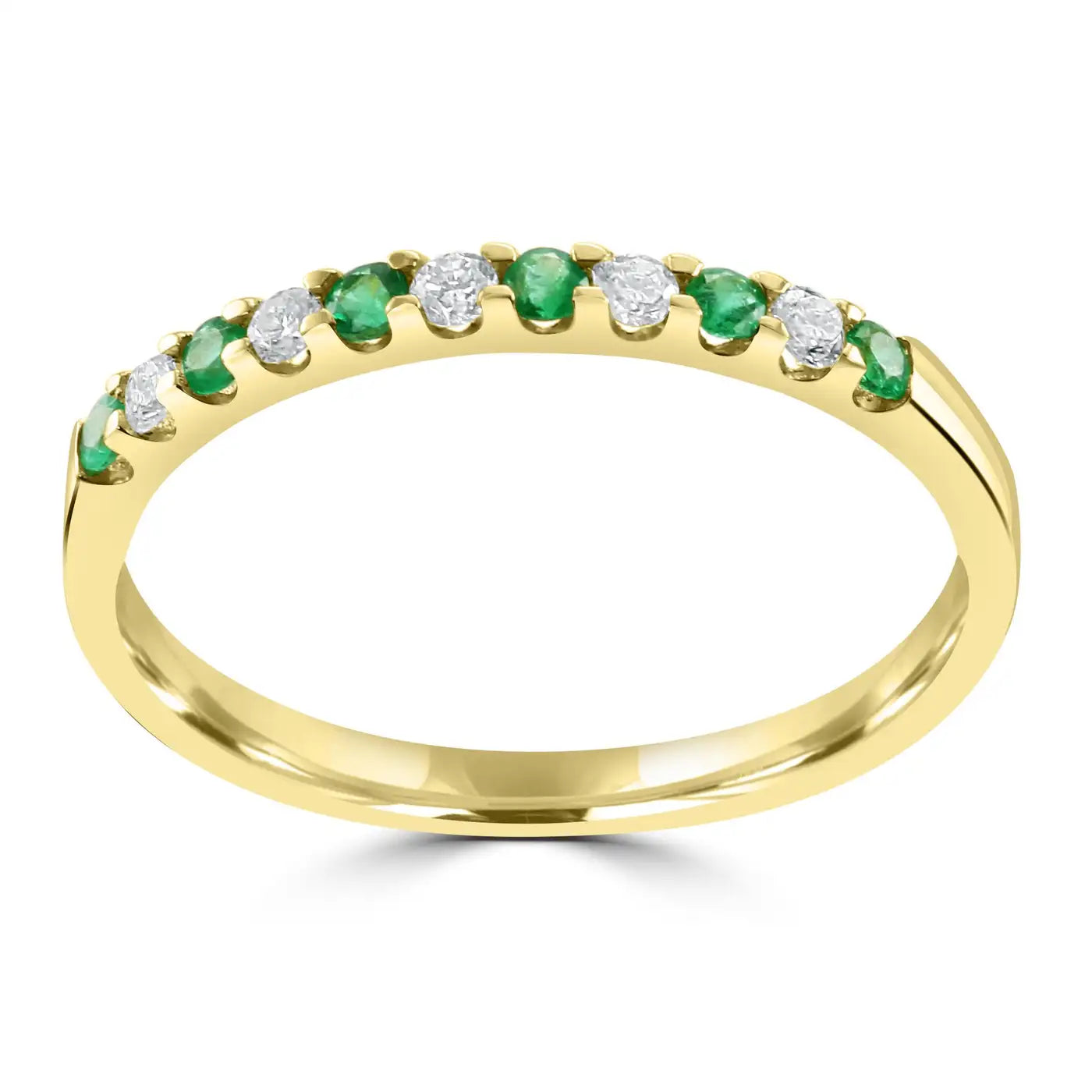 11 Stone Emerald And White Diamond Round In 18K Yellow Gold Engagement Band Ring