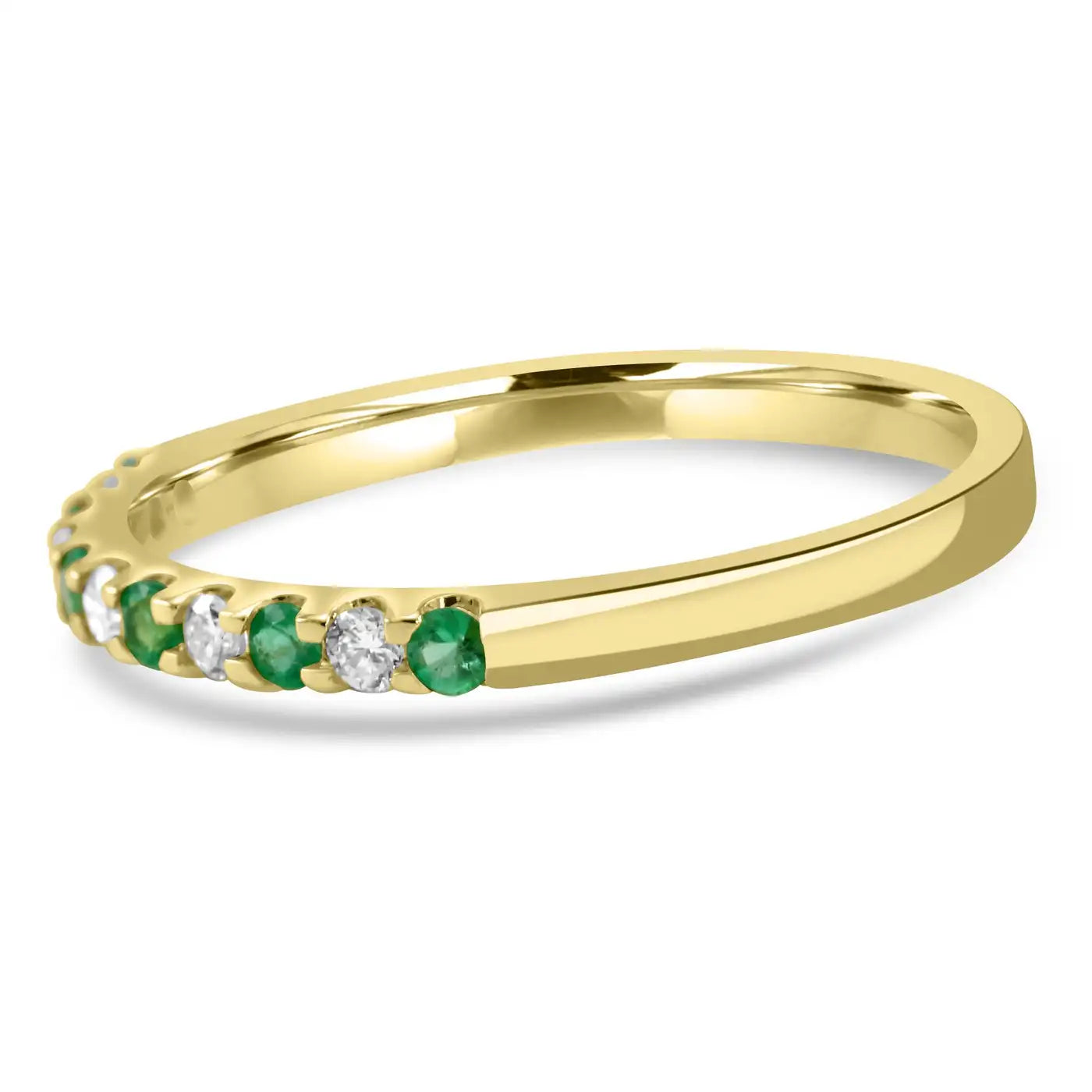 11 Stone Emerald And White Diamond Round In 18K Yellow Gold Engagement Band Ring