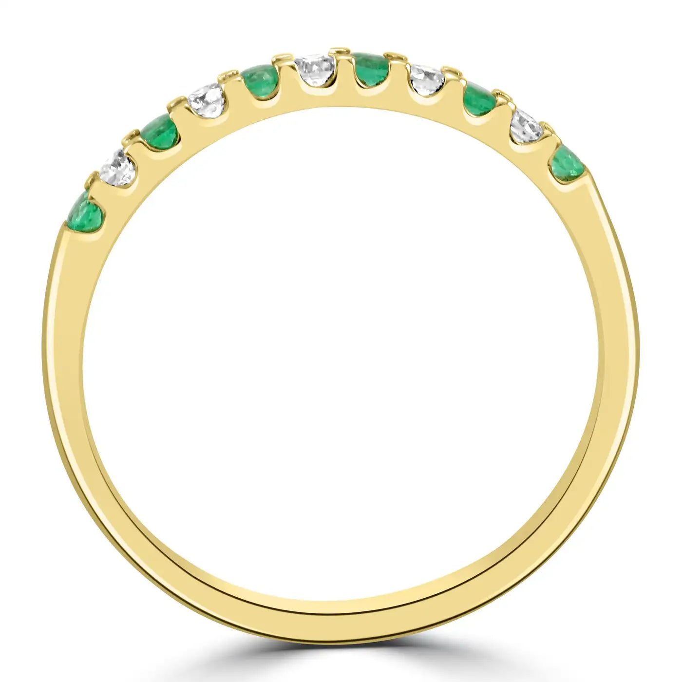 11 Stone Emerald And White Diamond Round In 18K Yellow Gold Engagement Band Ring