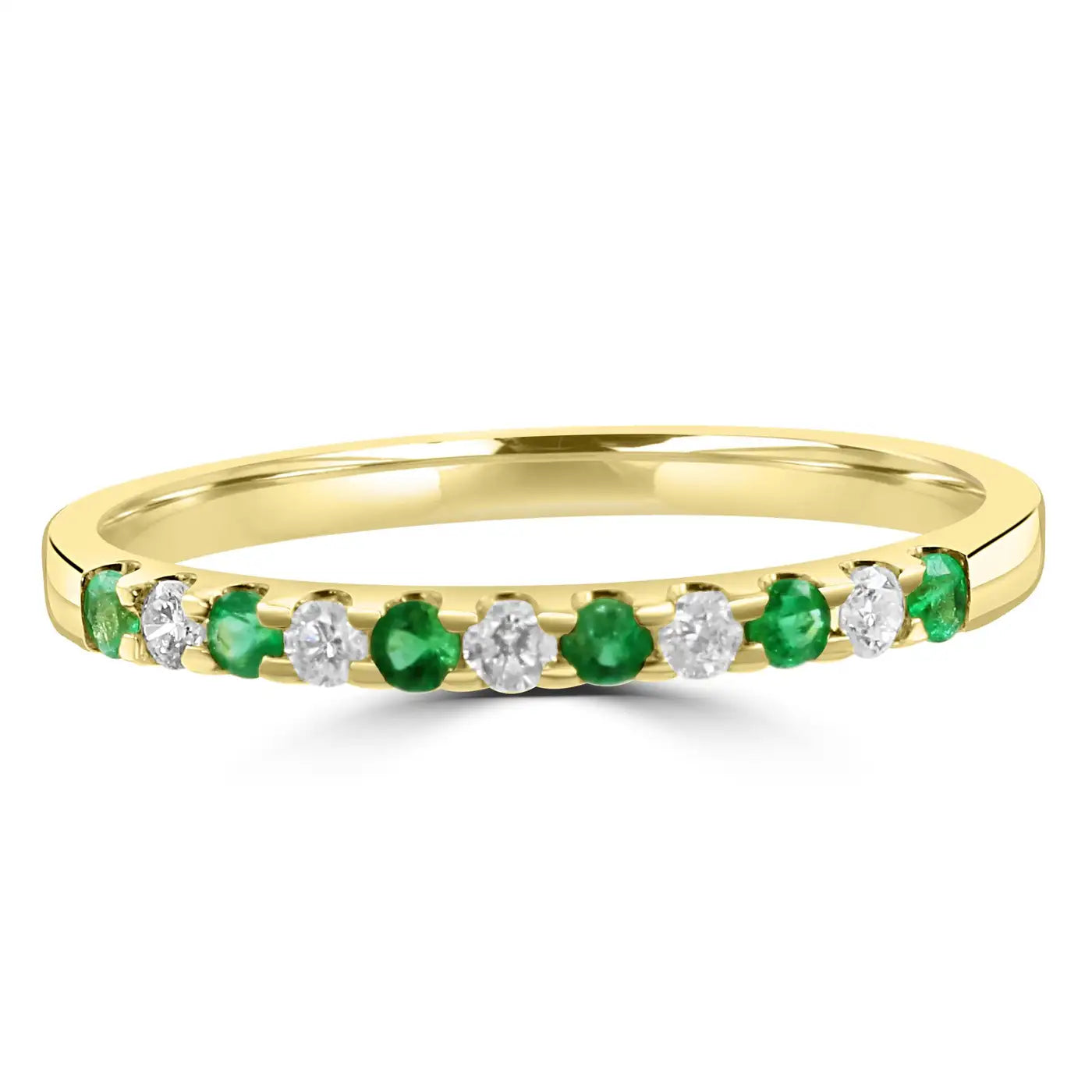 11 Stone Emerald And White Diamond Round In 18K Yellow Gold Engagement Band Ring