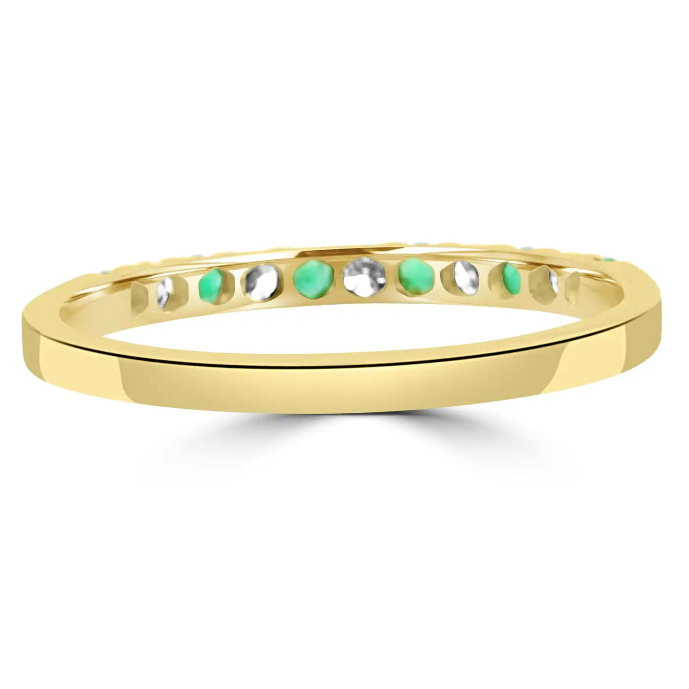 11 Stone Emerald And White Diamond Round In 18K Yellow Gold Engagement Band Ring