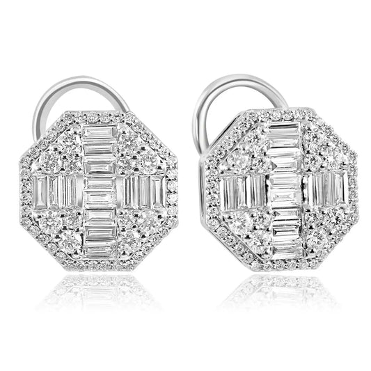 Diamond Baguette Round Halo 18K Gold Cocktail Lever Back Earring