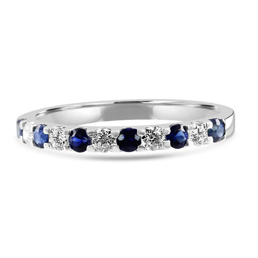 Blue Sapphire White Diamond Round 18K Gold 11 Stone Engagement Band Ring