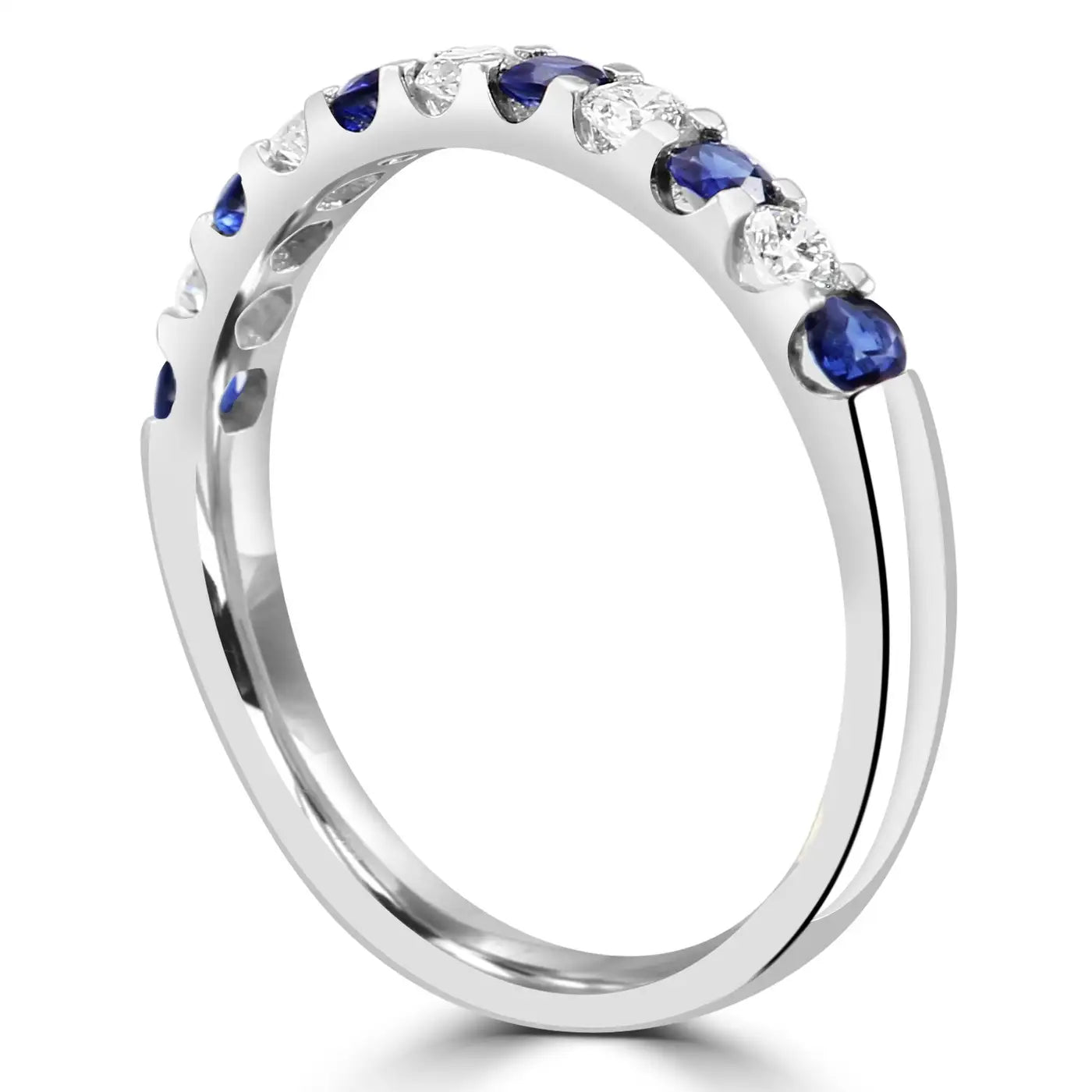 Blue Sapphire White Diamond Round 18K Gold 11 Stone Engagement Band Ring