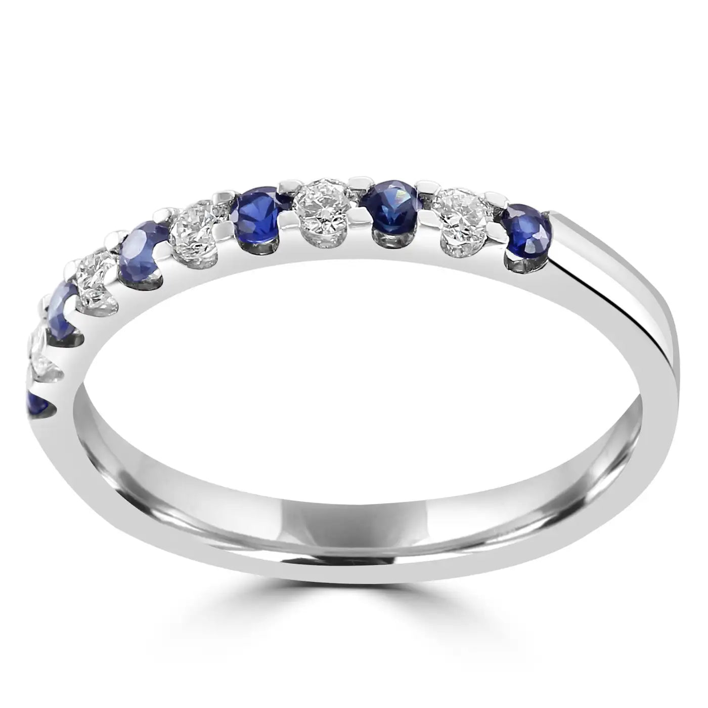 Blue Sapphire White Diamond Round 18 Karat Gold 11 Stone Engagement Band Ring