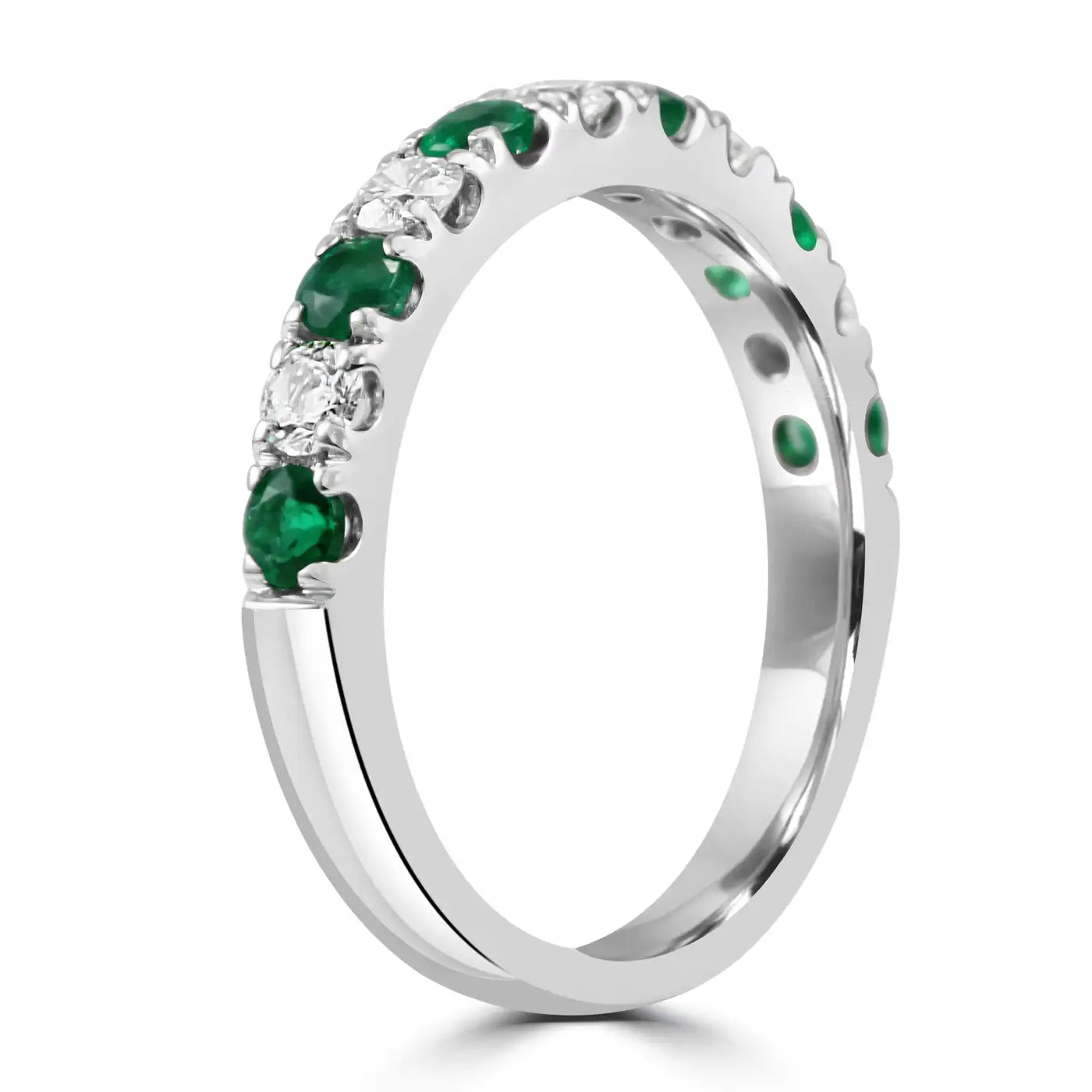 11 Stones Emerald And White Round Diamonds In 18K Gold Engagement Band Ring