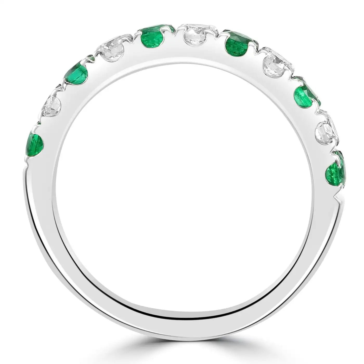 11 Stones Emerald And White Round Diamonds In 18K Gold Engagement Band Ring