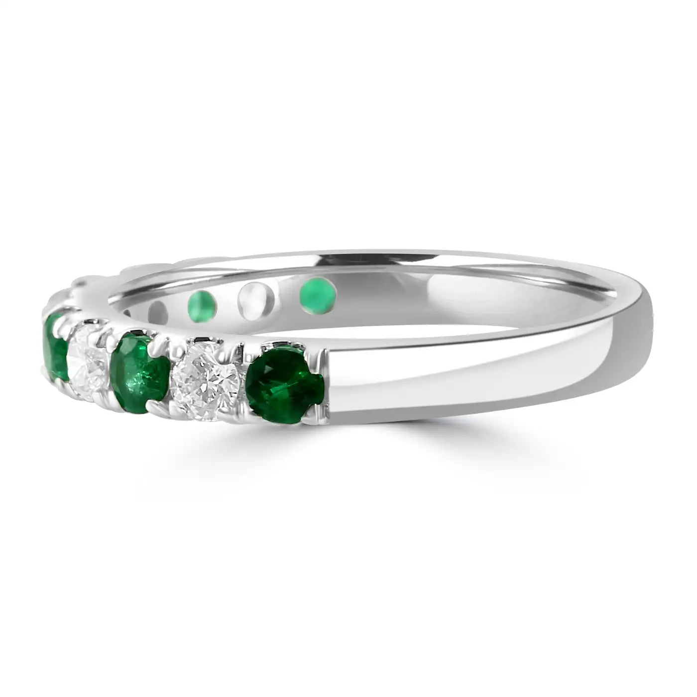 11 Stones Emerald And White Round Diamonds In 18K Gold Engagement Band Ring