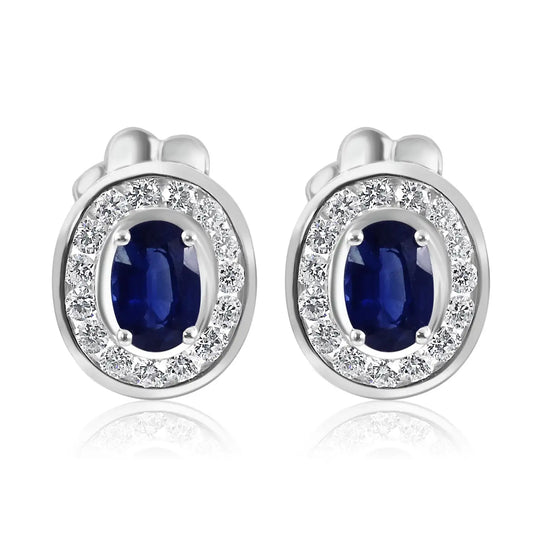 Blue Sapphire Oval White Diamond Round Halo 18K Gold Fashion Stud Earring