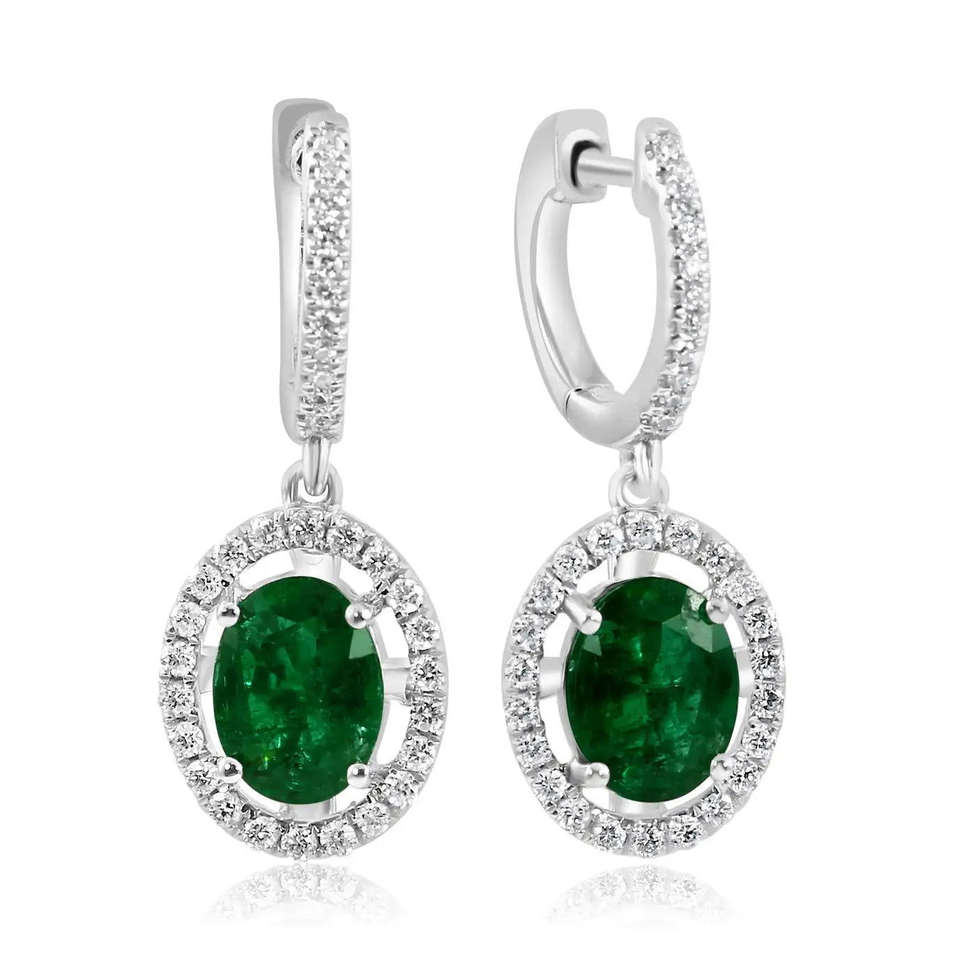 Emerald Oval White Diamond Round Halo Dangle Drop 18K Gold Earring