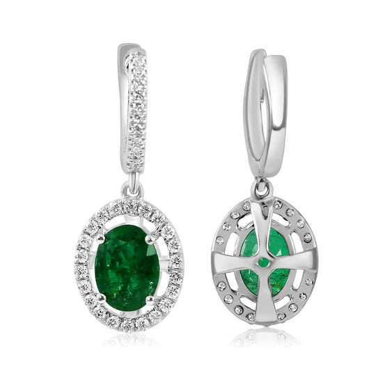 Emerald Oval White Diamond Round Halo Dangle Drop 18K Gold Earring