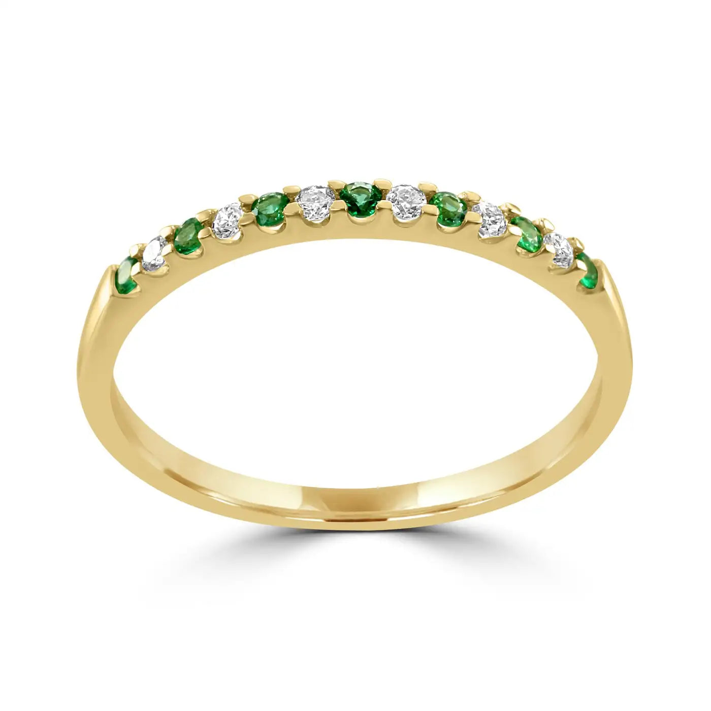 Emerald And White Diamond Round In 18K Yellow Gold 13 Stone Engagement Band Ring