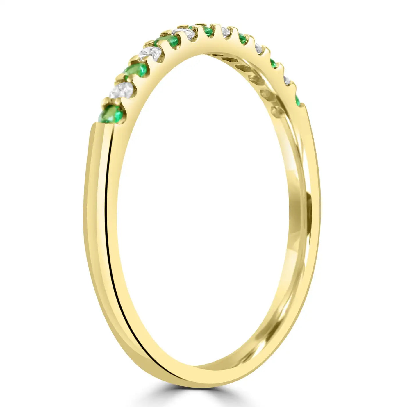 Emerald And White Diamond Round In 18K Yellow Gold 13 Stone Engagement Band Ring