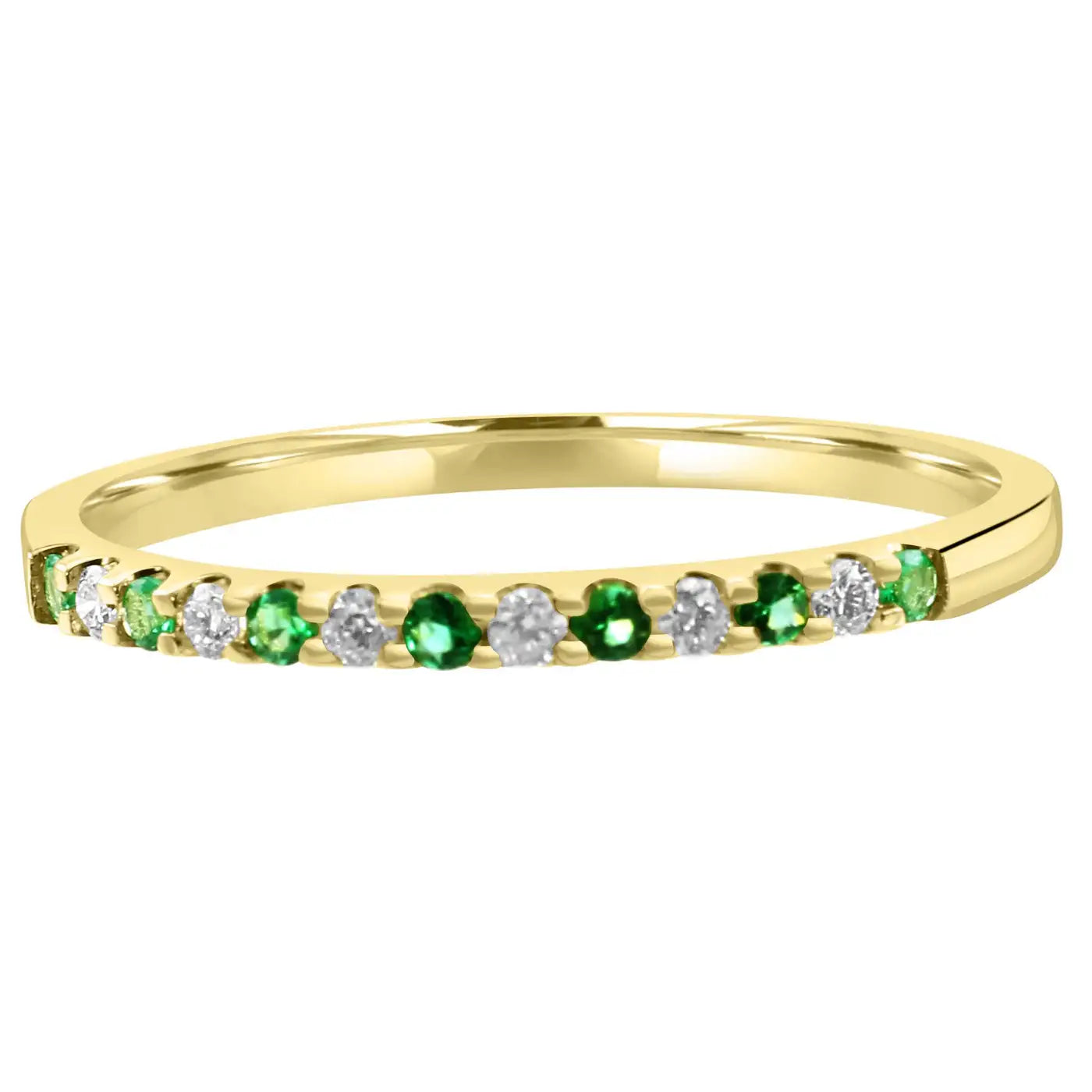 Emerald And White Diamond Round In 18K Yellow Gold 13 Stone Engagement Band Ring