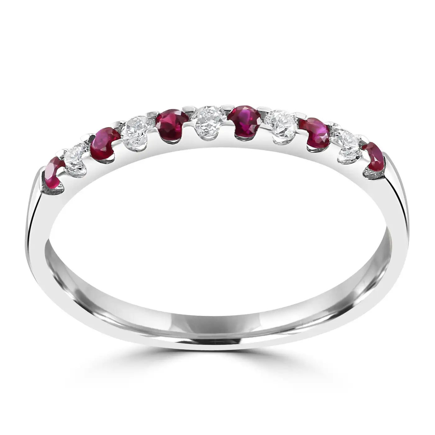 Ruby And White Diamond Round 18K Gold 11 Stone Engagement Band Ring