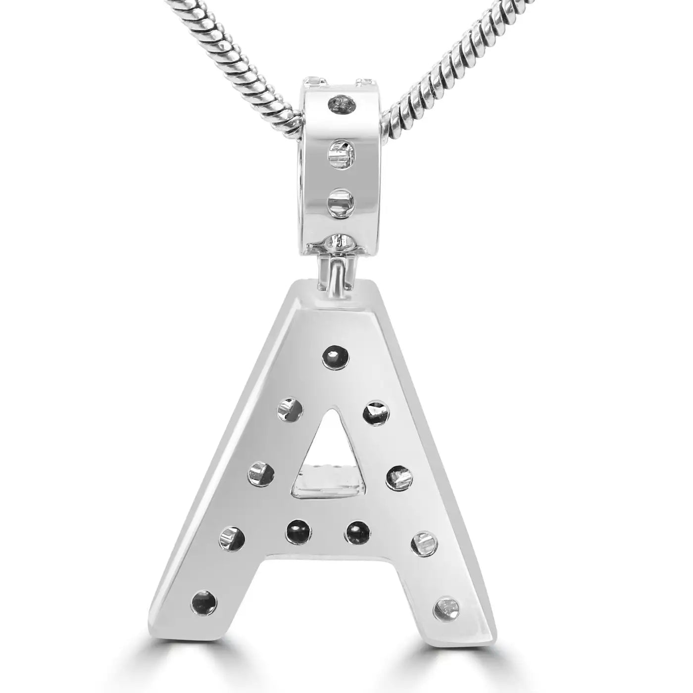 Colgante Letra "A" Baguette y Diamantes Redondos, Oro Blanco 14K.