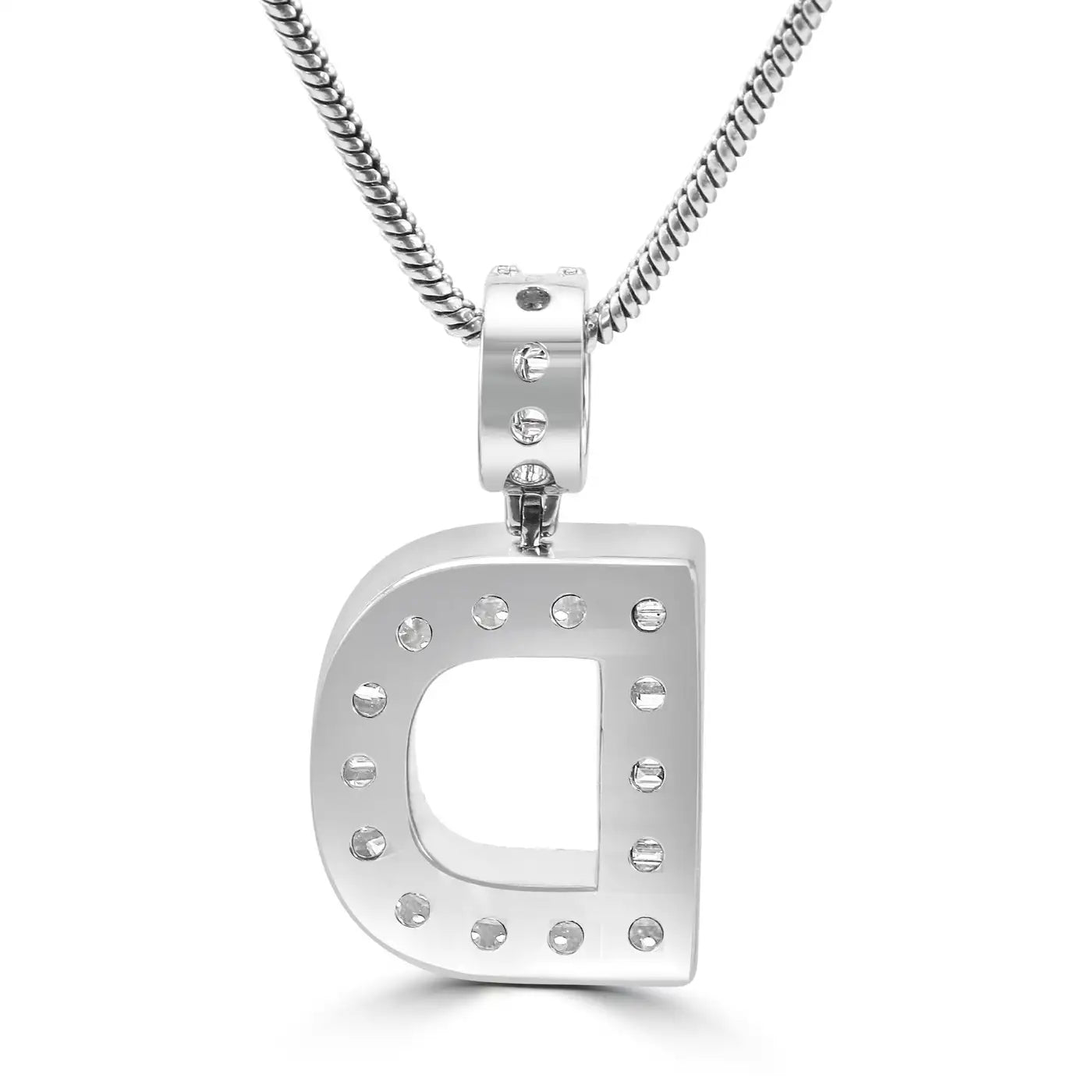 Colgante Letra "D" Baguette y Diamantes Blancos Redondos Oro Blanco 14K
