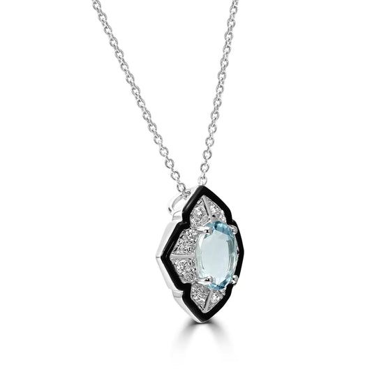 Aquamarine Oval Diamond Round 14K Gold Deco Look Enamel Necklace