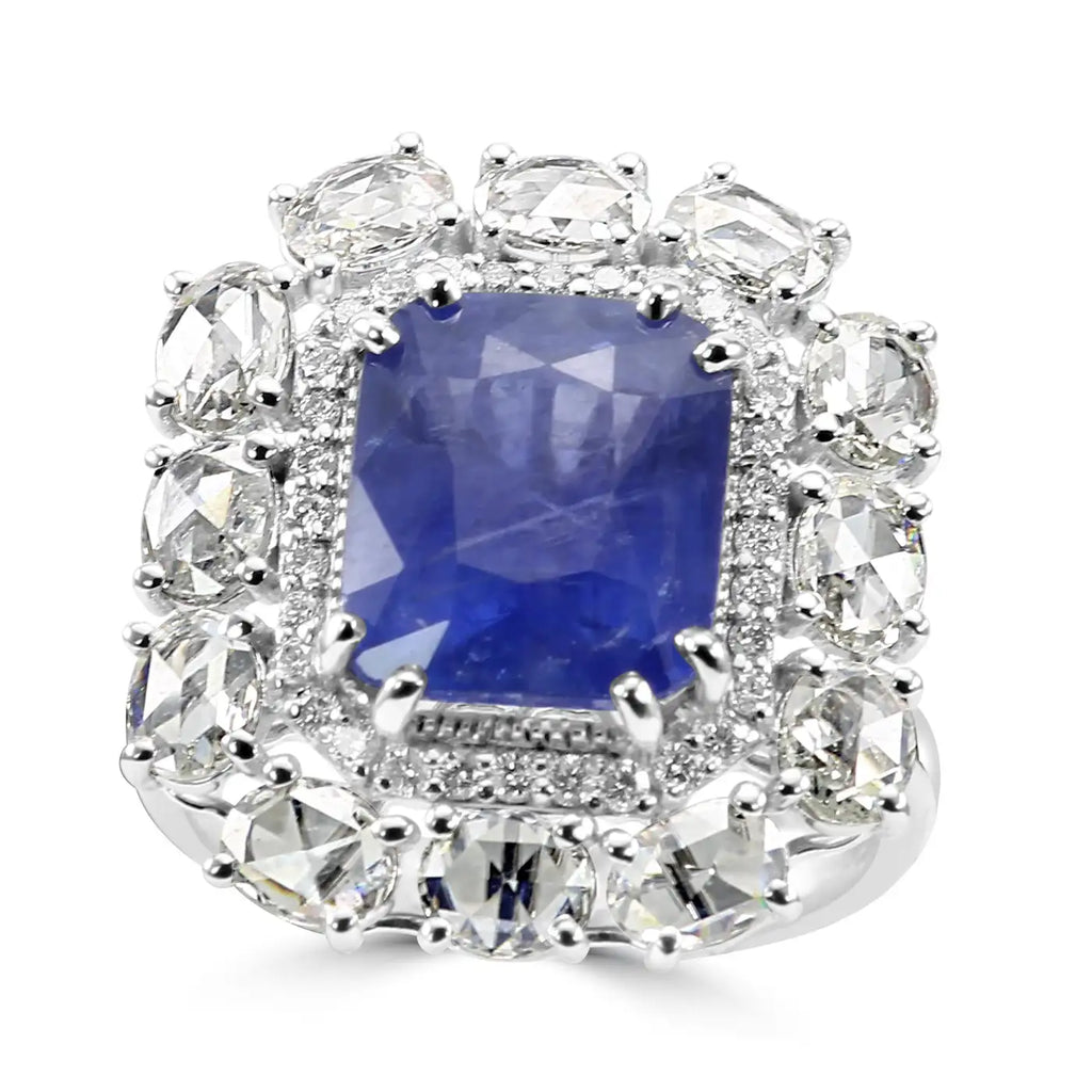 Anillo de compromiso nupcial con halo de oro de 18 quilates y diamantes y zafiro de Ceilán de estilo art déco 