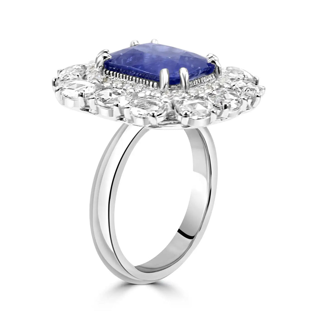 Anillo de compromiso nupcial con halo de oro de 18 quilates y diamantes y zafiro de Ceilán de estilo art déco 