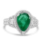 Anillo nupcial de oro de 18 quilates con halo de tres piedras y diamantes blancos redondos en forma de pera y esmeralda