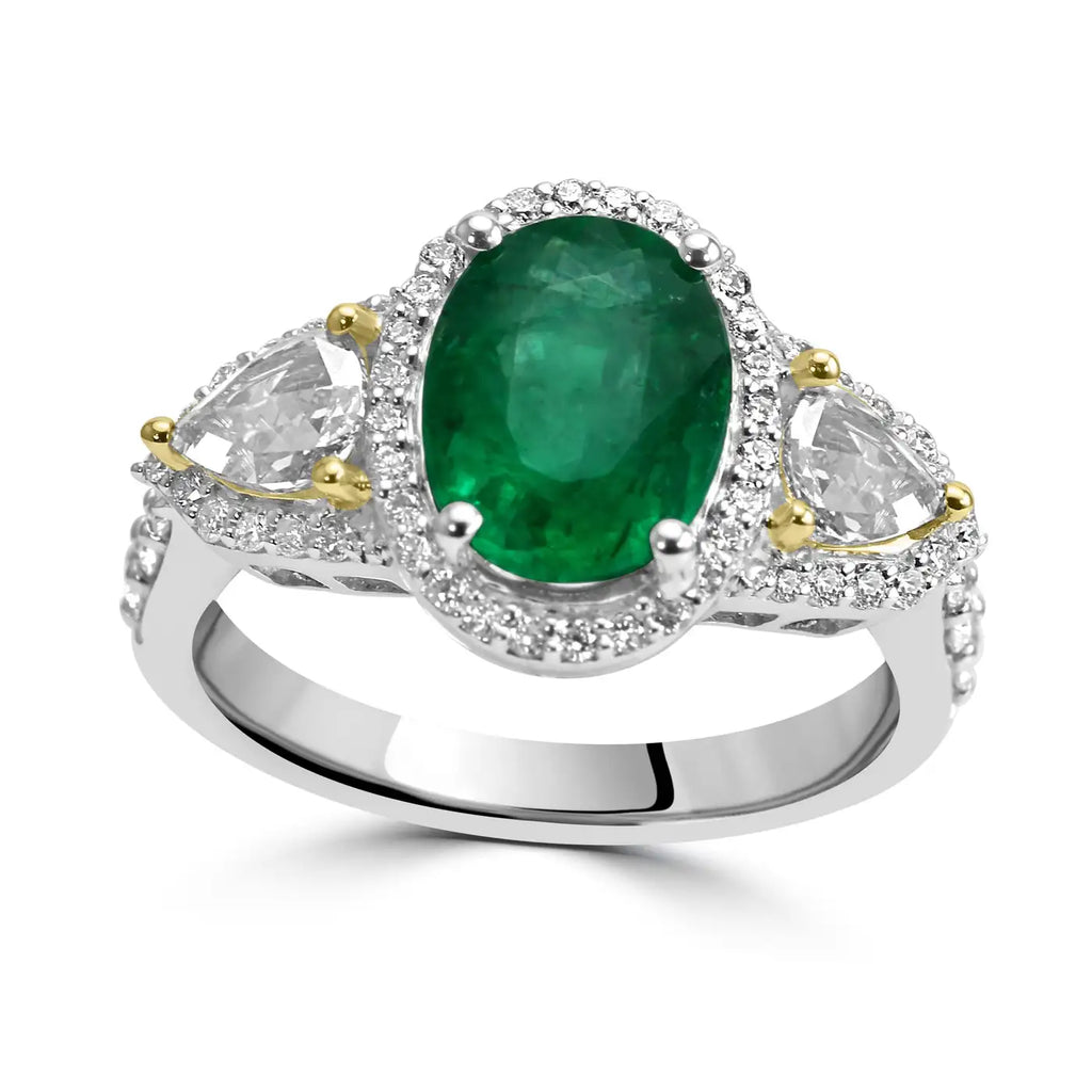 Anillo de compromiso de oro de 18 quilates con halo de tres piedras y diamantes ovalados de talla esmeralda y forma de pera 
