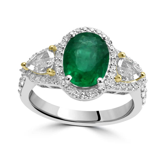 Emerald Oval Diamond Round Pear Engagement Three-Stone Halo 18K Gold Ring