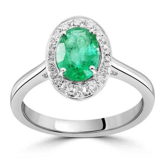 Emerald Oval White Diamond Round 18K Gold Engagement Classic Halo Ring