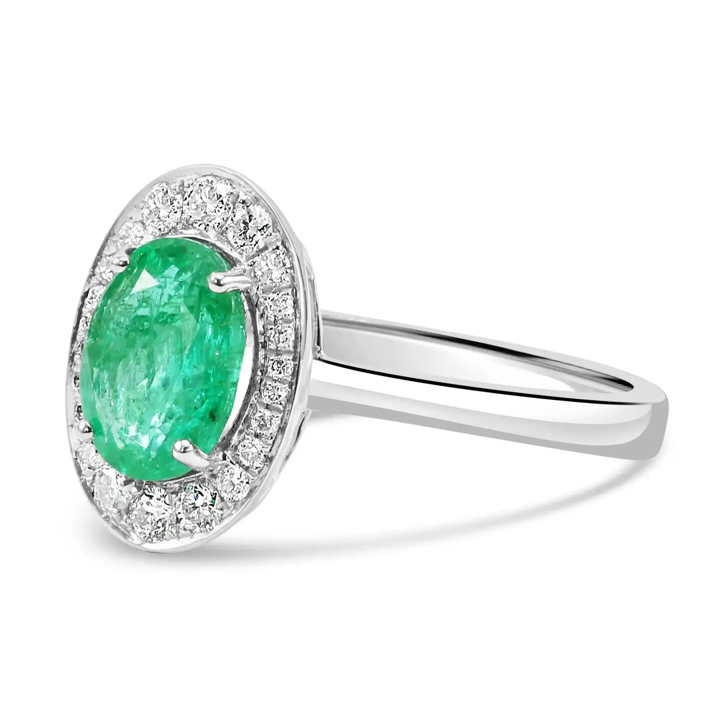 Emerald Oval White Diamond Round 18K Gold Engagement Classic Halo Ring