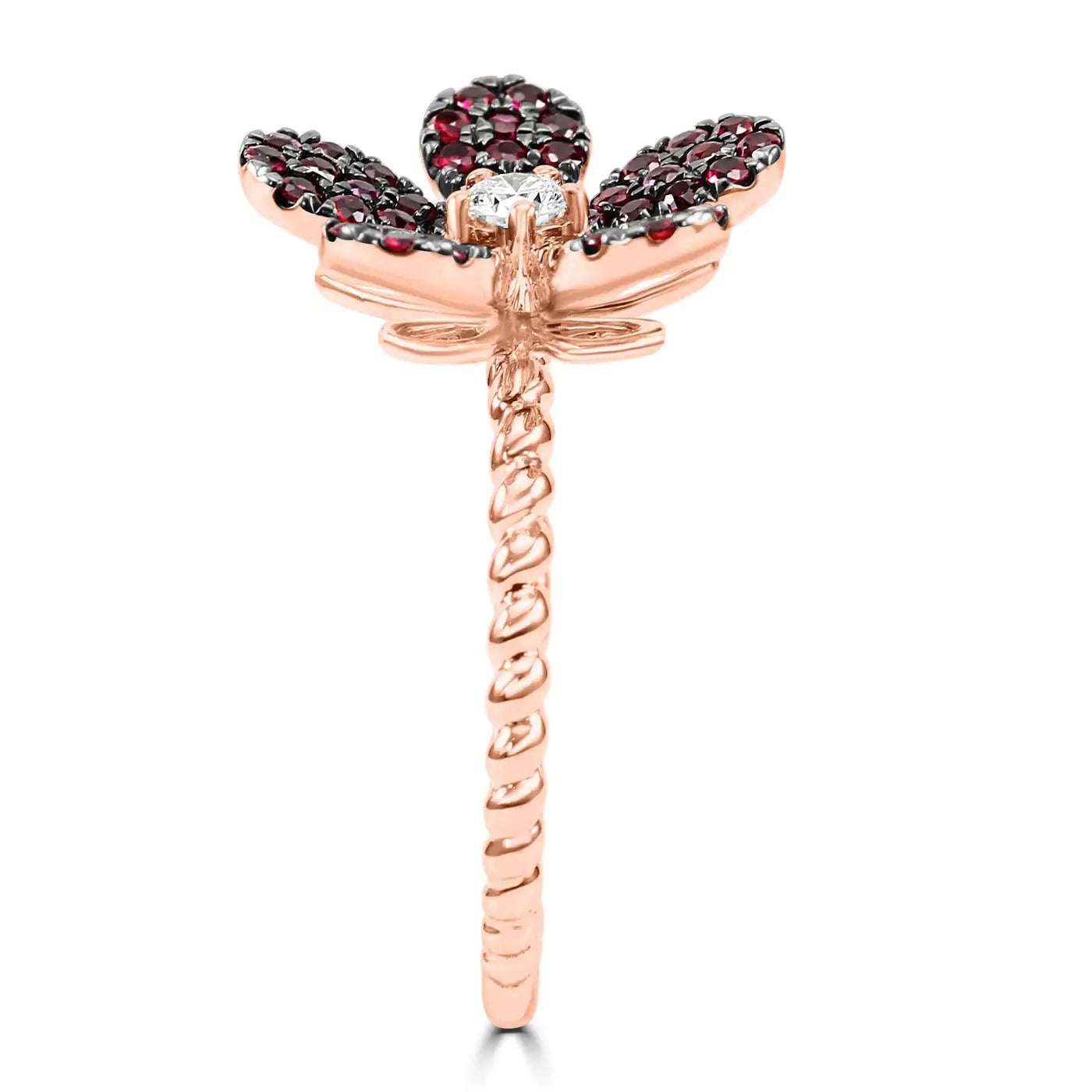 Ruby Round White Diamond 14K Rose Gold Flower Shape Cocktail Ring