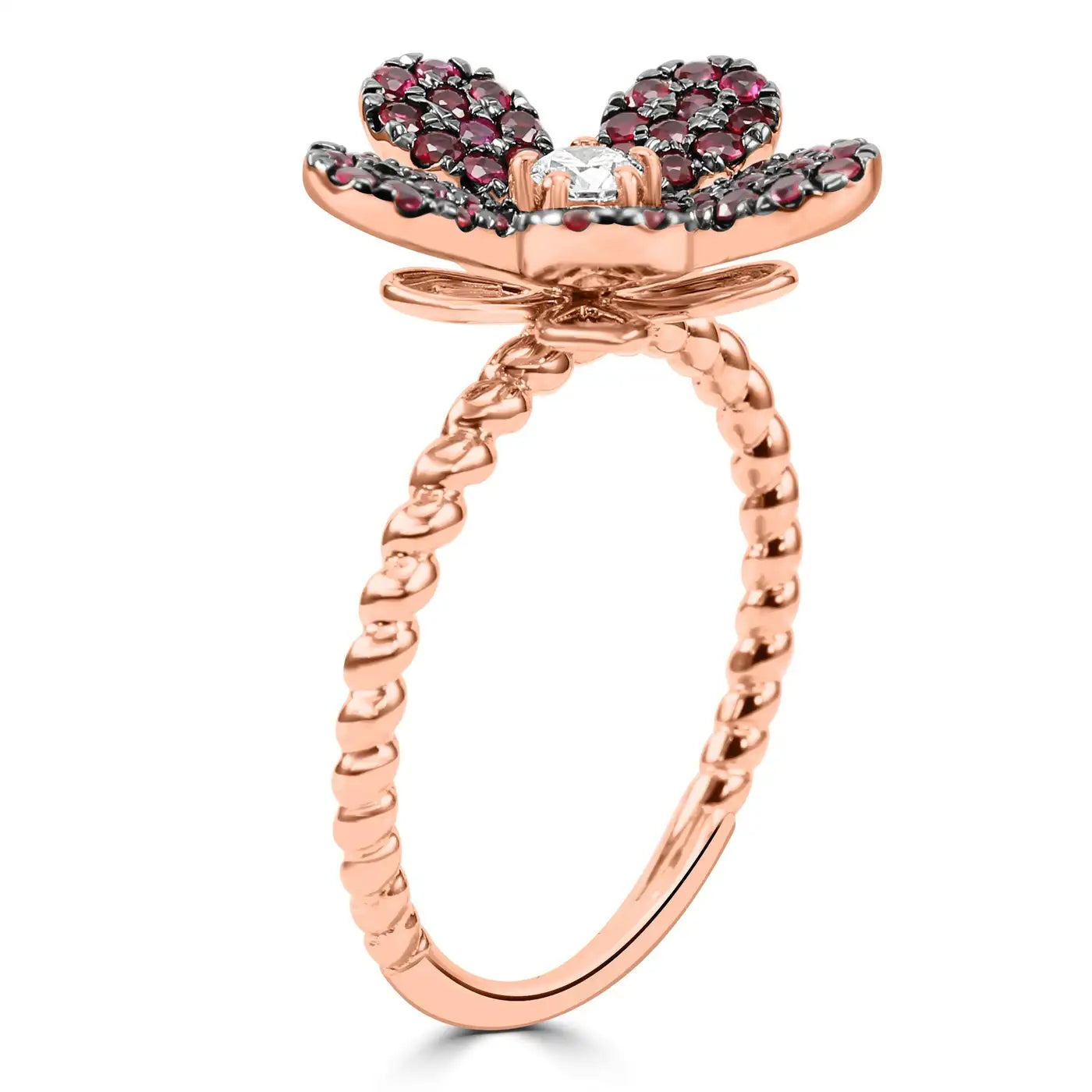 Ruby Round White Diamond 14K Rose Gold Flower Shape Cocktail Ring