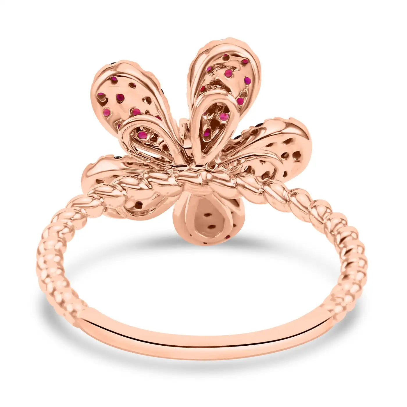 Ruby Round White Diamond 14K Rose Gold Flower Shape Cocktail Ring