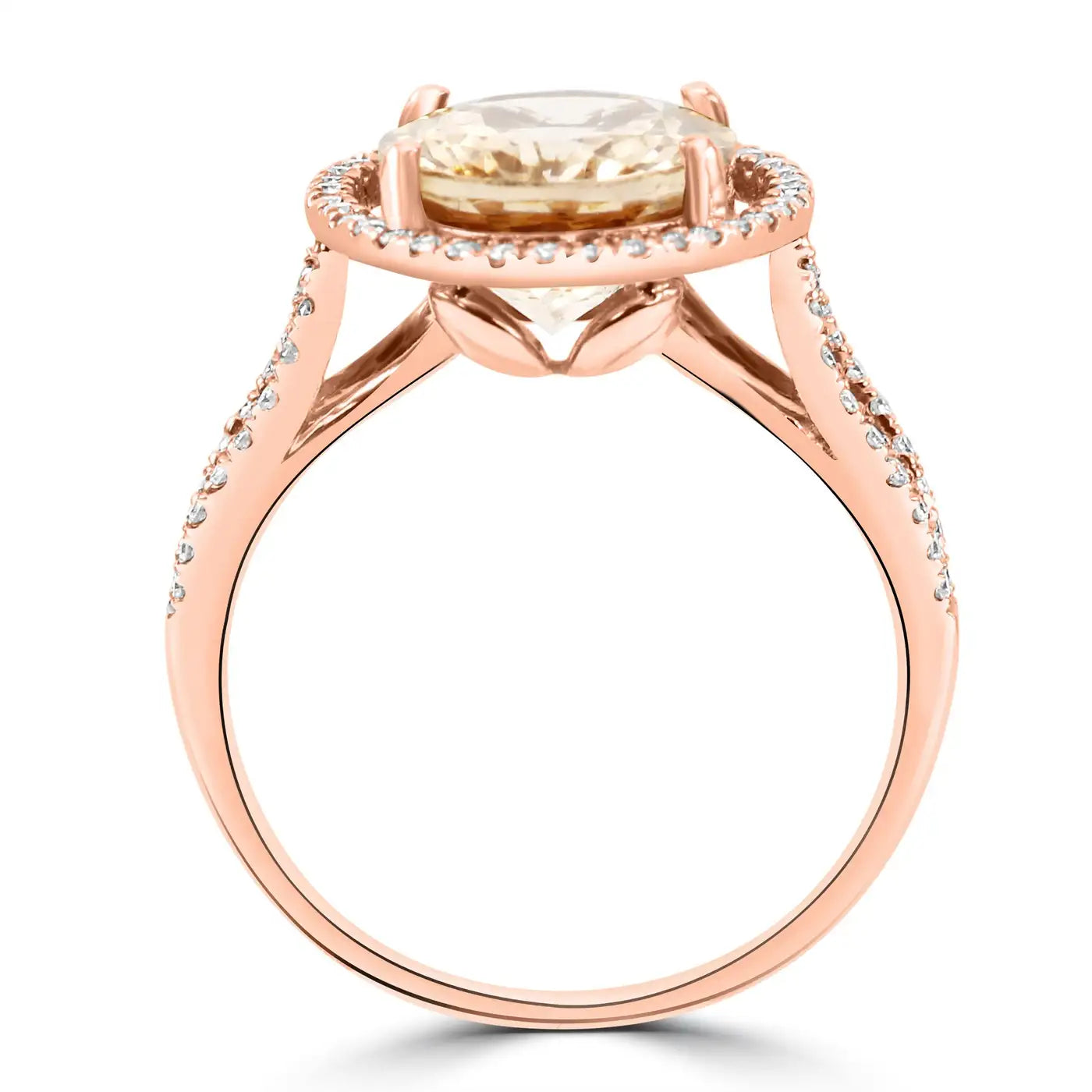 Anillo de compromiso de oro de 14 quilates con halo de morganita ovalada y diamantes redondos blancos