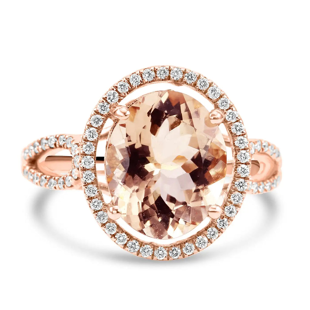 Anillo de compromiso de oro de 14 quilates con halo de morganita ovalada y diamantes redondos blancos