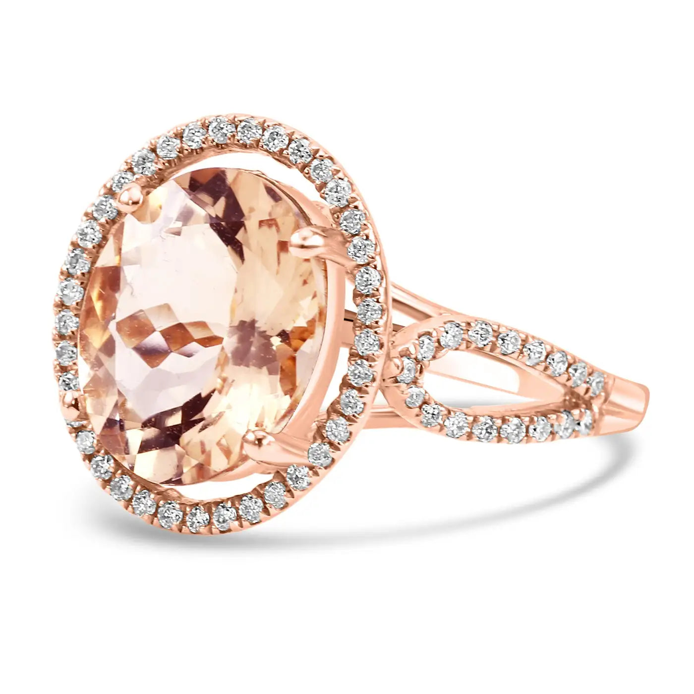 Anillo de compromiso de oro de 14 quilates con halo de morganita ovalada y diamantes redondos blancos