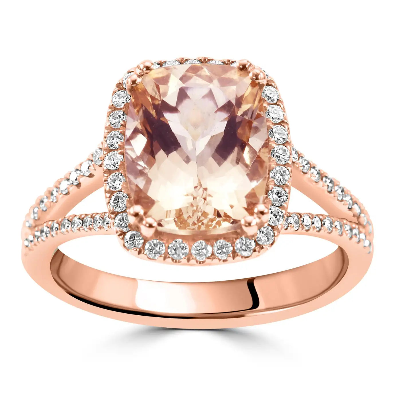 Anillo de compromiso con halo de oro rosa de 14 quilates con diamantes redondos blancos y de talla cojín de morganita