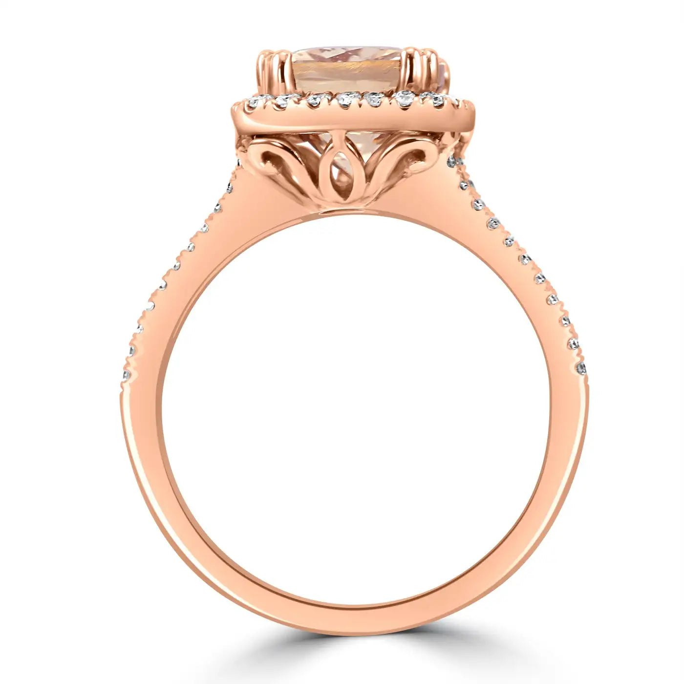 Anillo de compromiso con halo de oro rosa de 14 quilates con diamantes redondos blancos y de talla cojín de morganita