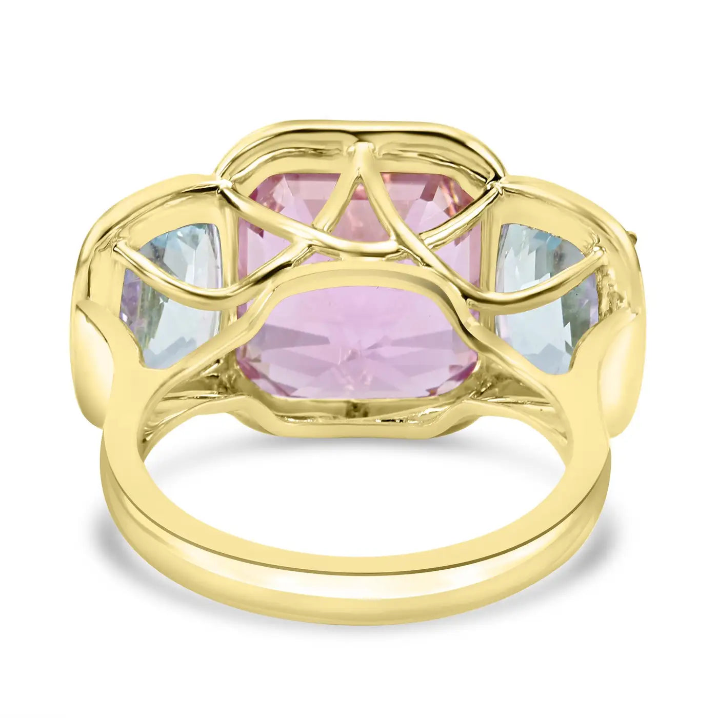 Anillo de oro de 14 quilates con bisel de tres piedras y aguamarina de talla esmeralda Kunzita