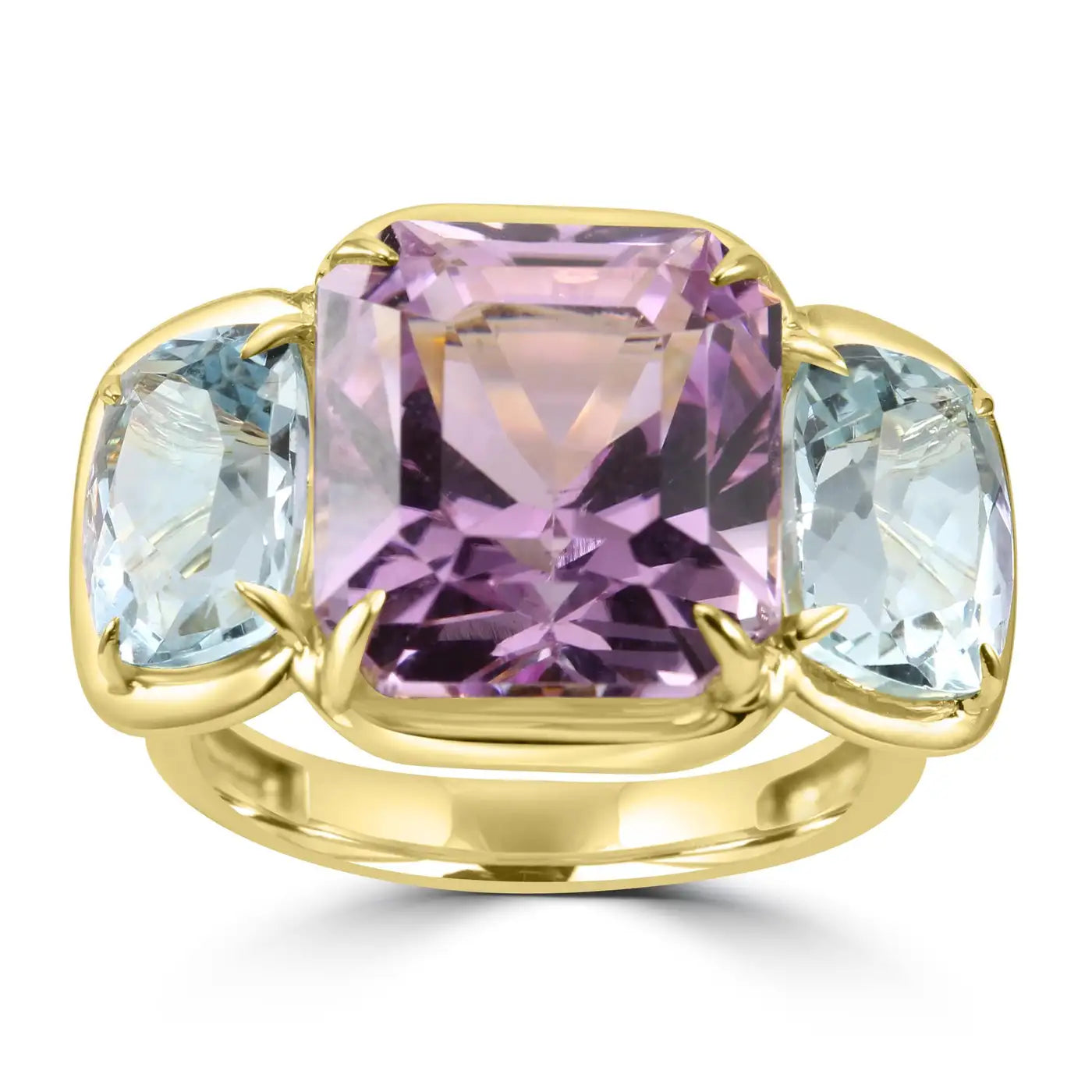 Anillo de oro de 14 quilates con bisel de tres piedras y aguamarina de talla esmeralda Kunzita