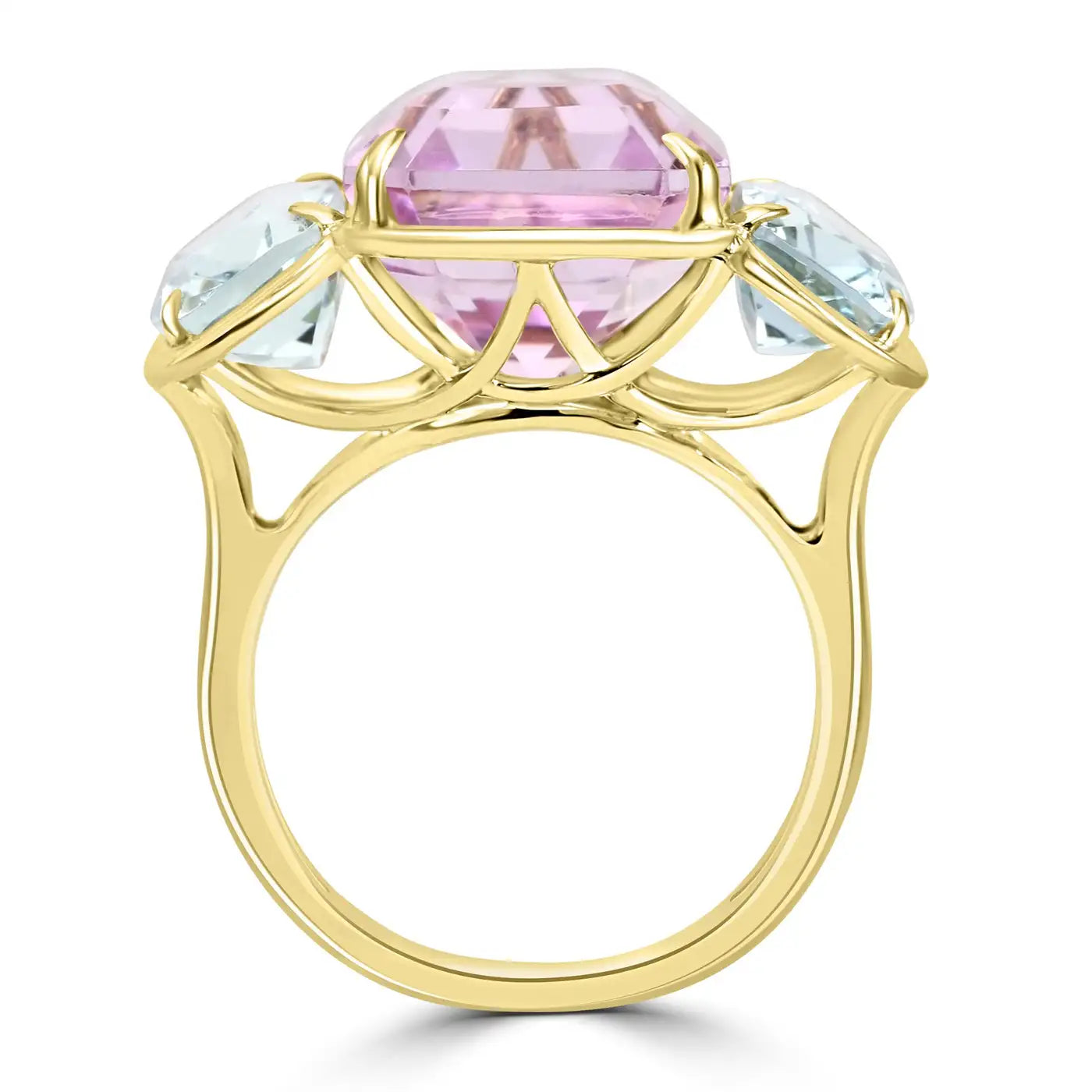 Kunzite Emerald Cut Aquamarine 14K Gold Three Stone Bezel Ring