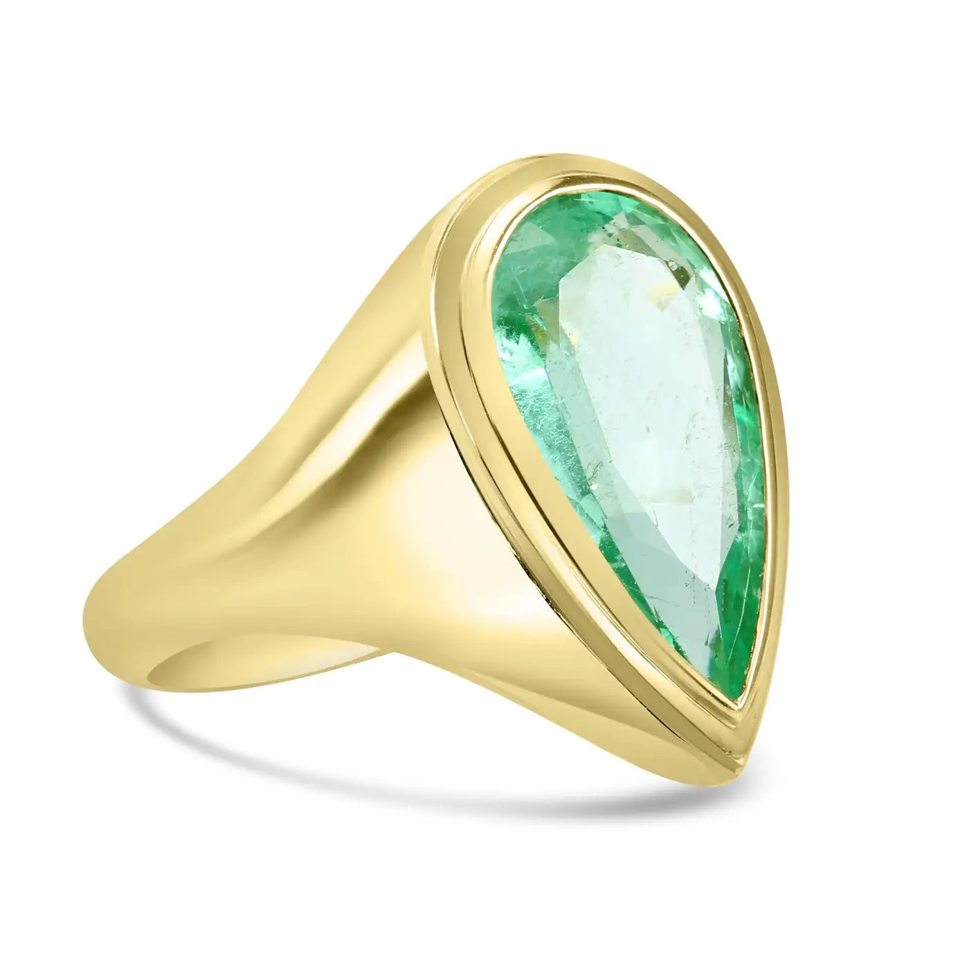 Muzo Colombian Emerald Pear Shape Bezel Set 14K Gold Engagement Ring