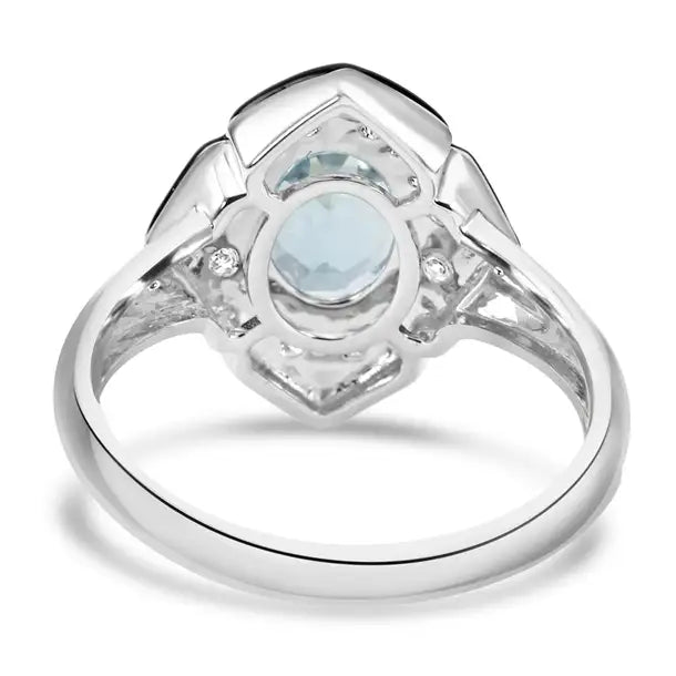 Aquamarine Oval Diamond Round 14K Gold Art Deco Enamel Engagement Ring