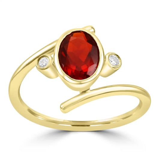 Fire Opal Oval With TwoRound  White Diamond 14K Yellow Gold Engagement Swirl Bezel Ring