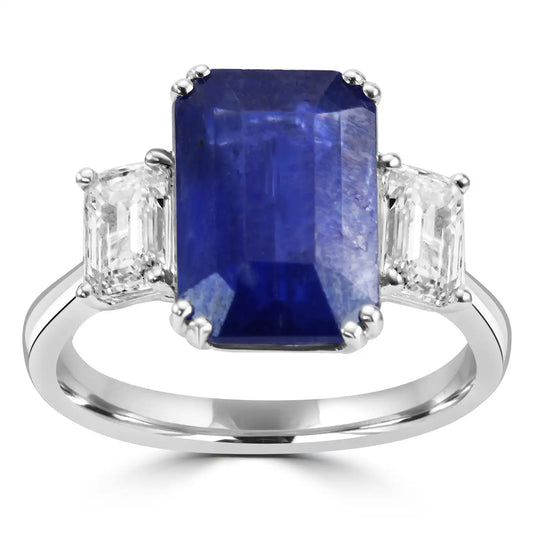 Ceylon Sapphire White Diamond Emerald Cut 18K Gold Three-Stone Bridal Ring