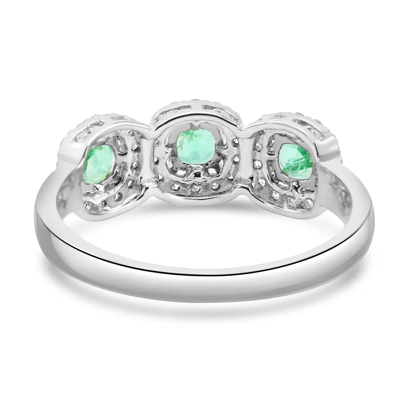 Anillo de compromiso de oro de 18 quilates con 3 piedras y diamantes blancos redondos y esmeralda
