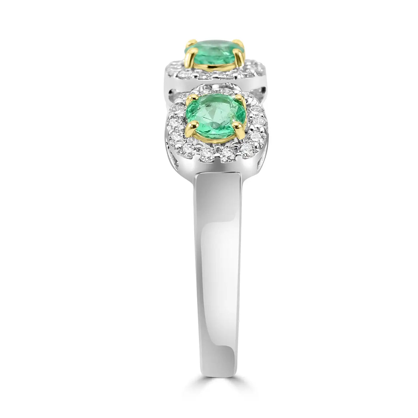 Anillo de compromiso de oro de 18 quilates con 3 piedras y diamantes blancos redondos y esmeralda