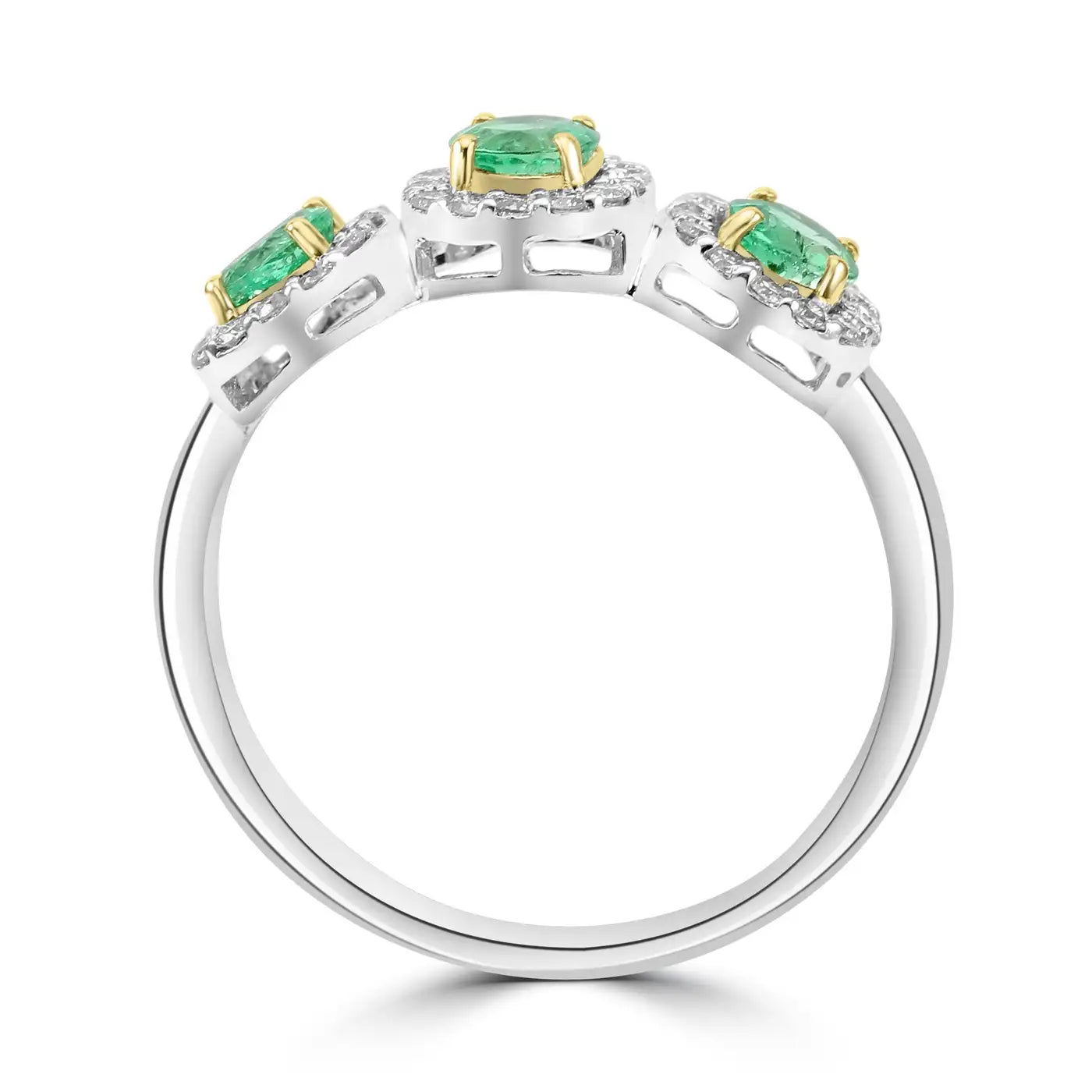 Anillo de compromiso de oro de 18 quilates con 3 piedras y diamantes blancos redondos y esmeralda